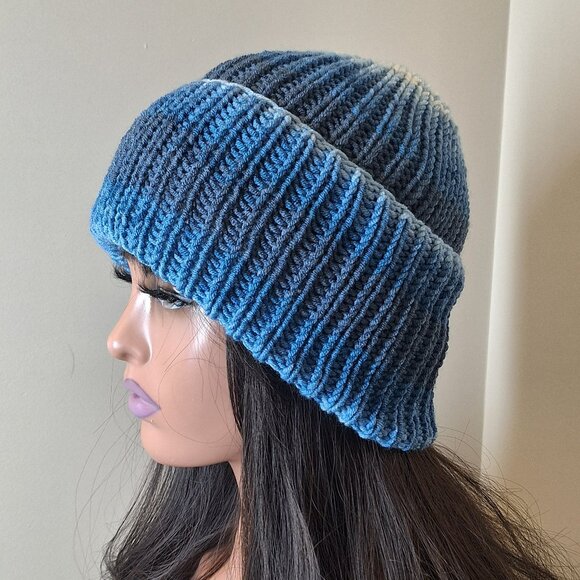Handknit Blue Hat Beanie - Picture 2 of 4